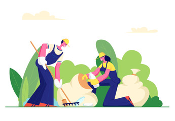 Volunteer People Cleaning Garbage in City Park Area. Volunteering, Men and Women Collecting Trash to Sacks, Racking Ground, Charity Social Concept, Ecology Protection. Cartoon Flat Vector Illustration