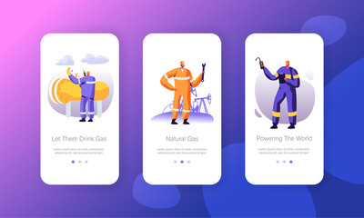 Gas Industry Mobile App Page Onboard Screen Set, Gasman Engineering Pipe, Mechanic Adjusting Facility Station, Maintenance Service Concept for Website or Web Page, Cartoon Flat Vector Illustration