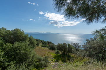 Fototapeta na wymiar Landscape with small greek islands and bays on Peloponnese, Greece near Arkadiko town, summer vacation destination