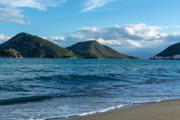 Small town Tolo, located near Nafplio in cozy sea bay with clear water and fine sand, summer vacation destination for families with kids