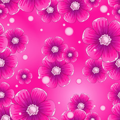 Fototapeta na wymiar Seamless vector pattern with beautiful pink flowers on a bright pink background. Floral cartoon background.