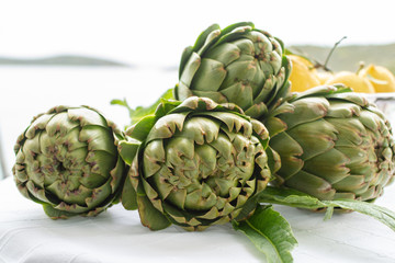 Fototapeta premium Bunch of fresh raw artichokes heads from artichoke plantation in Argolida, Greece ready to cook with lemon
