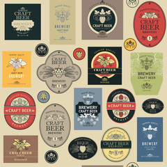 seamless pattern with various beer labels in retro style - obrazy, fototapety, plakaty