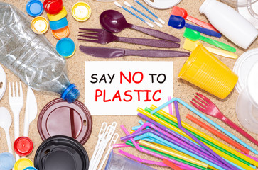 Disposable single use plastic objects such as bottles, cups, forks, spoons and drinking straws that...