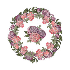 Wedding wreath save the date. Pink, red rose. Delicate lilac peonies. Vector illustration. Summer flowers. Isolated on white background. Retro, vintage.
