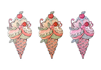Set of colorful bright ice cream with cherries and mint. Vector objects on white background. Retro-style. Vintage. Isolated.