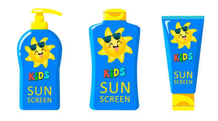 Set of cute tubes of children's sunscreen in cartoon style. Vector