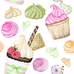 Bright colorful Sweet delicious watercolor seamless pattern with cupcakes. Watercolor hand drawn illustration. Isolated elements on white background