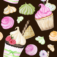 Bright colorful Sweet delicious watercolor seamless pattern with cupcakes. Watercolor hand drawn illustration. Isolated elements on dark brown background