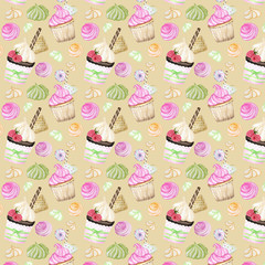 Bright colorful Sweet delicious watercolor pattern with cupcakes. Watercolor hand drawn illustration. Isolated elements on beige background