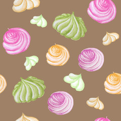 colorful Sweet delicious watercolor seamless pattern with meringue. Watercolor hand drawn illustration. Isolated elements on beige background