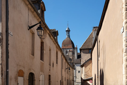 Roofline of buildings and Basilica, Beaune, France