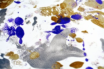 Gold blue white paint spots, abstract vivid watercolor background