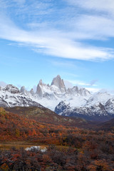 Fototapeta premium Mount Fitz Roy and autumn forest in Patagonia in Argentina.