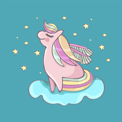 A happy pink pony with wings smiles and flies on a cloud among the stars. Children's cute illustration. Beautiful print.