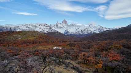 Mount Fitz Roy and autumn forest in Patagonia in Argentina.
