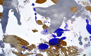 Gold blue white paint spots, abstract vivid watercolor background