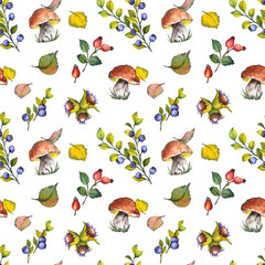 Seamless pattern with mushrooms, hazelnuts, red rosehip berries, blueberries and leaves. Forest illustration. Watercolor on white background.