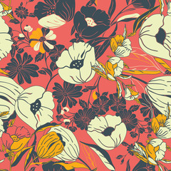 Floral seamless pattern. Vector illustration of abstract leaves, flowers, petunias, poppies and daisies in yellow, cream, orange and black. Designed for fashion, fabric, home decor.