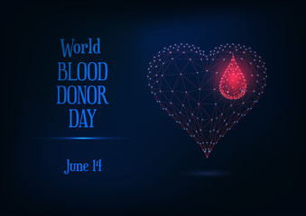 World blood donor day web banner with glowing low poly blood drop and heart symbol and text