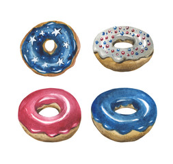 Fototapeta premium Watercolor set of four glazed donuts All in the colors of the US flag. For design compositions on the theme of national holidays