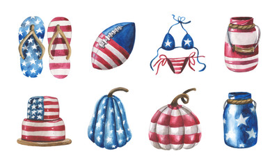 Watercolor set of beach slippers, swimsuit, ball, two aluminum beverage cans, cake and pumpkin. All in the colors of the US flag. For design compositions on the theme of national holidays - Powered by Adobe