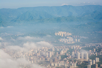 Aerial view on Turkish city Ordu in fog by Black Sea, Asia