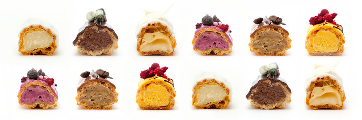 Delicious eclairs in a cut with various fillings and design isolate on a white background, the concept of French cuisine