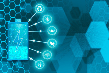 Fototapeta premium Battery in representation to the ecology, respect to the environment, cars ecological and efficient. Health, saving and eco concept. Copy Space