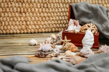 Close up Ancient casket for jewelry with collection of different seashells on wooden table.