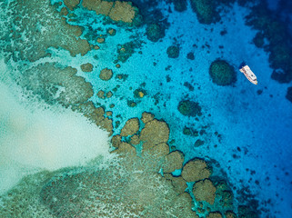Wheeler Reef and diving vessel from above, Great Barrier Reef, Queensland, Australia