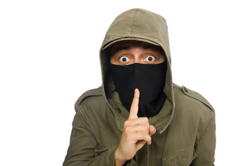 Criminal wearing mask isolated on white