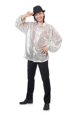 Performer in shiny costume isolated on white