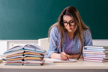 Female student in front of chalkboard 