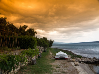 Idyllic beach on coast of Seline Croatia, Evening panorama of Seline