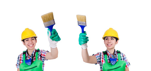 Woman painter with paintbrush on white