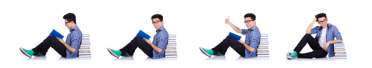Student with lots of books on white