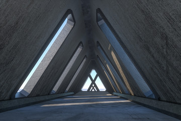 Fantasy concrete tunnel building, triangle tunnel. 3d rendering.