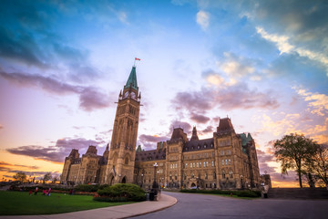 View of Canada Parliament building in Ottawa during tulip festival