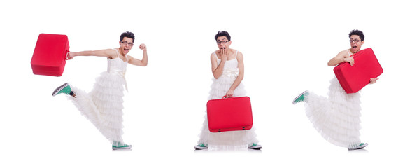 Funny man wearing in woman dress preparing on vacation isolated