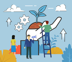 Startup, new business start, financial growth concept. Small people stand near big hand holding small sprout. Poster for presentation, web page, banner, social media. Flat design vector illustration