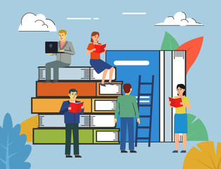 Distant education concept, training, learning, library. People stand near big books and read. Poster for web page, presentation, social media, banner. Flat design vector illustration