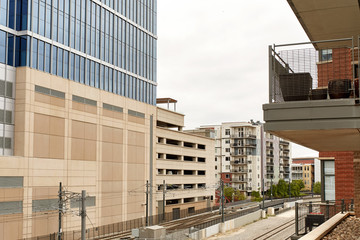 Train tracks near Union Station, under the Millennium Bridge in the Riverfront Park neighborhood of Denver, Colorado