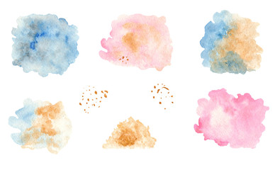 Set of watercolor stains and splashes. A collection of unicorns. Colored and gold spots on a white background. Great for cards, invitations, birthday.