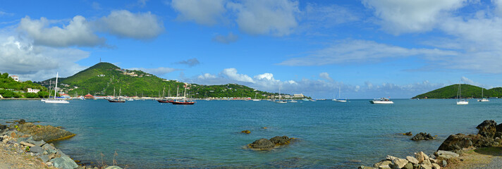 Crown Mountain and Long Bay panorama at Charlotte Amalie at St. Thomas Island, US Virgin Islands,...