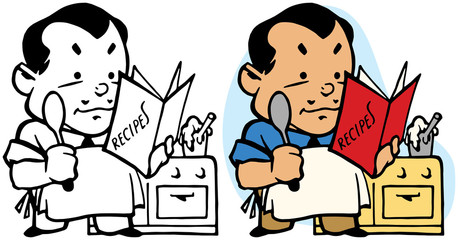 A man with an apron and a book of recipes cooks a meal on a stove. 
