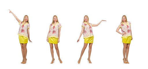 Woman pressing virtual button isolated on white