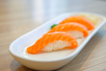 Salmon sushi japanese food. Raw Salmon fish on rice