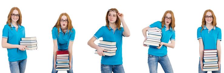 Female student with many books isolated on white 