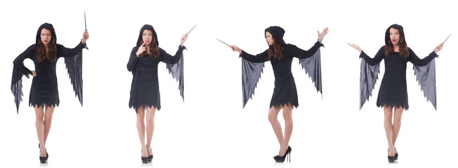 Woman with magical stick isolated on white